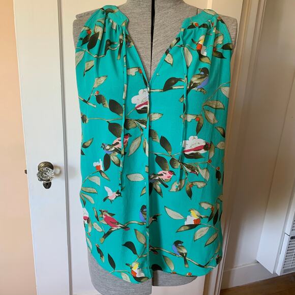 C&E Blouse Teal Bird Floral Print Sleeveless Boho Casual Summer Blouse - Picture 1 of 6